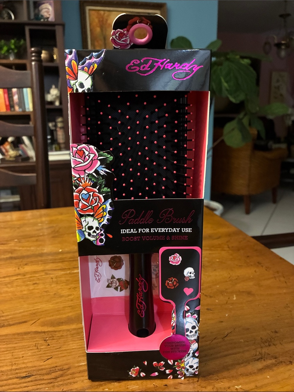 Ed Hardy Black and Pink Floral Skull Paddle Brush